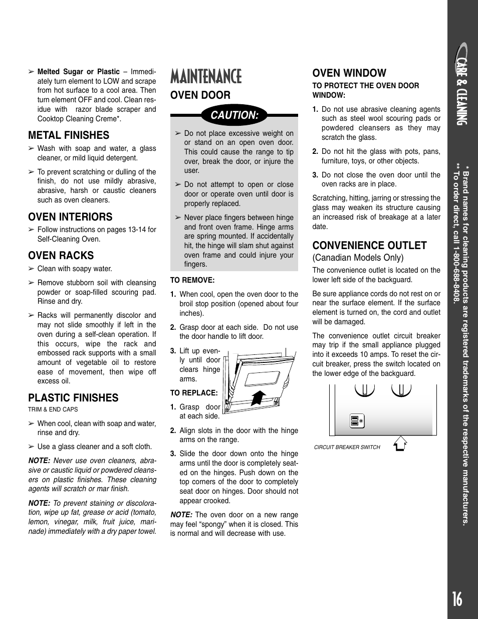 Maintenance, Metal finishes, Oven interiors | Oven racks, Plastic finishes, Oven door caution, Oven window, Convenience outlet | Maytag T2 User Manual | Page 17 / 64