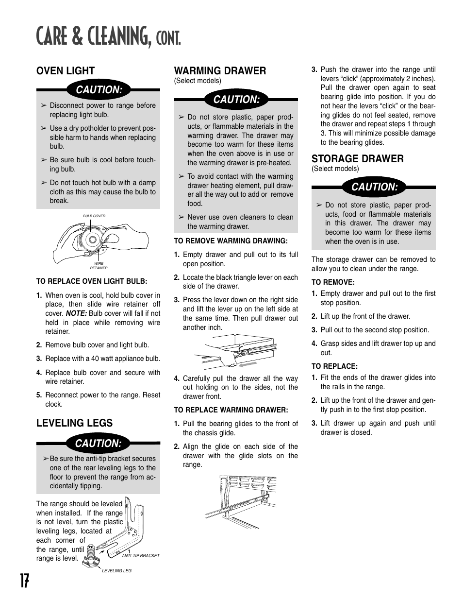 Care & cleaning, Cont, Caution | Leveling legs, Storage drawer, Caution: oven light, Warming drawer | Maytag T2 User Manual | Page 18 / 64