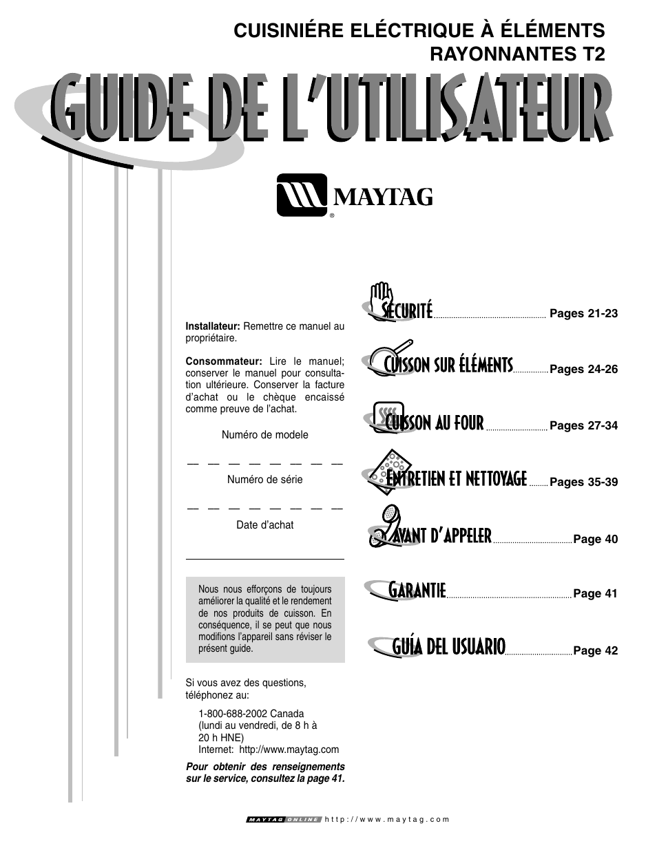 Cuisiniére eléctrique à éléments rayonnantes t2 | Maytag T2 User Manual | Page 21 / 64
