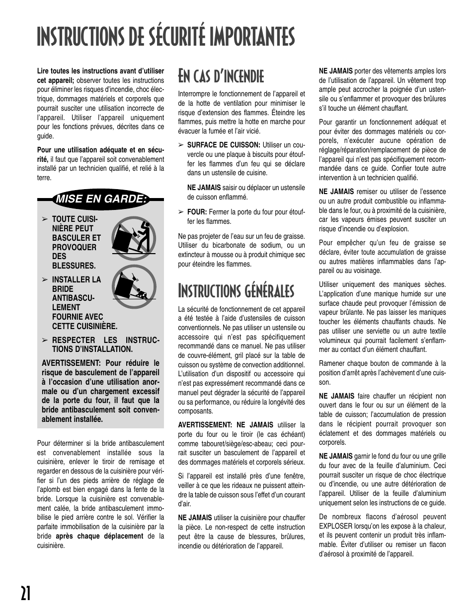 Instructions de sécurité importantes, En cas d’incendie, Instructions générales | Maytag T2 User Manual | Page 22 / 64
