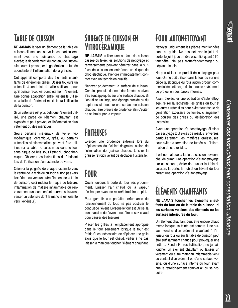 22 table de cuisson, Surface de cuisson en vitrocéramique, Friteuses | Four, Four autonettoyant, Éléments chauffants | Maytag T2 User Manual | Page 23 / 64