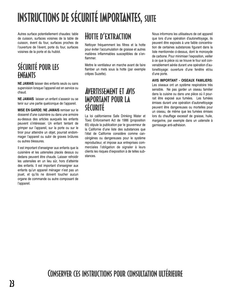 Instructions de sécurité importantes, Sécurité pour les enfants, Suite hotte d’extraction | Avertissement et avis important pour la sécurité | Maytag T2 User Manual | Page 24 / 64
