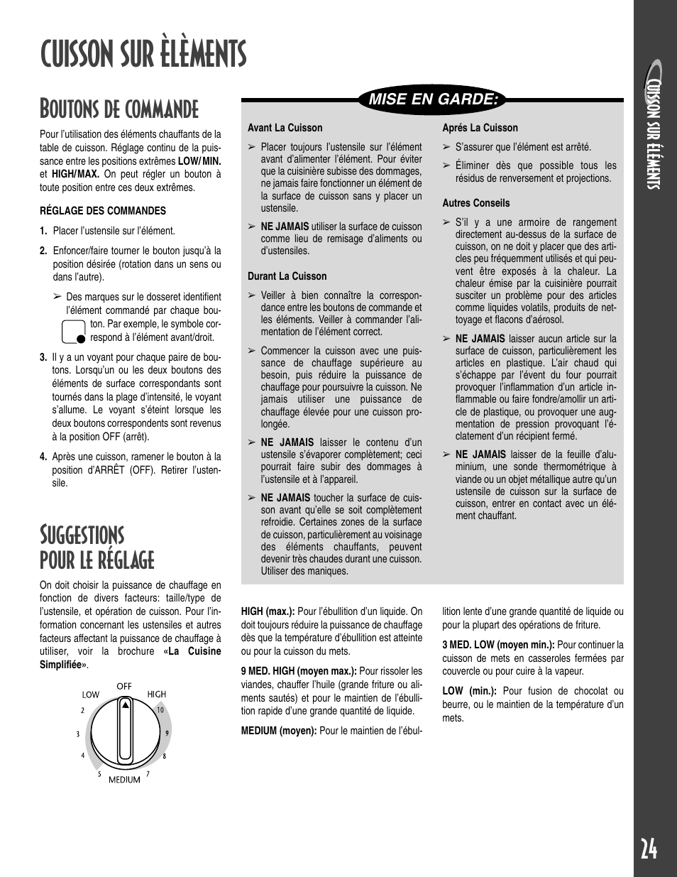 Cuisson sur èlèments, Boutons de commande, Suggestions pour le réglage | Mise en garde | Maytag T2 User Manual | Page 25 / 64
