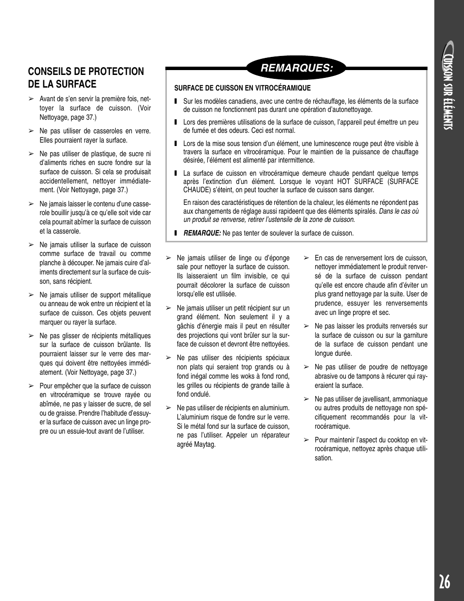 Conseils de protection de la surface, Remarques | Maytag T2 User Manual | Page 27 / 64