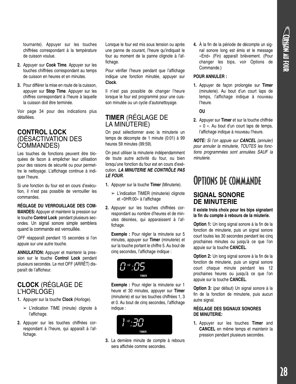 Options de commande, Control lock (désactivation des commandes), Clock (réglage de l’horloge) | Timer (réglage de la minuterie), Signal sonore de minuterie | Maytag T2 User Manual | Page 29 / 64