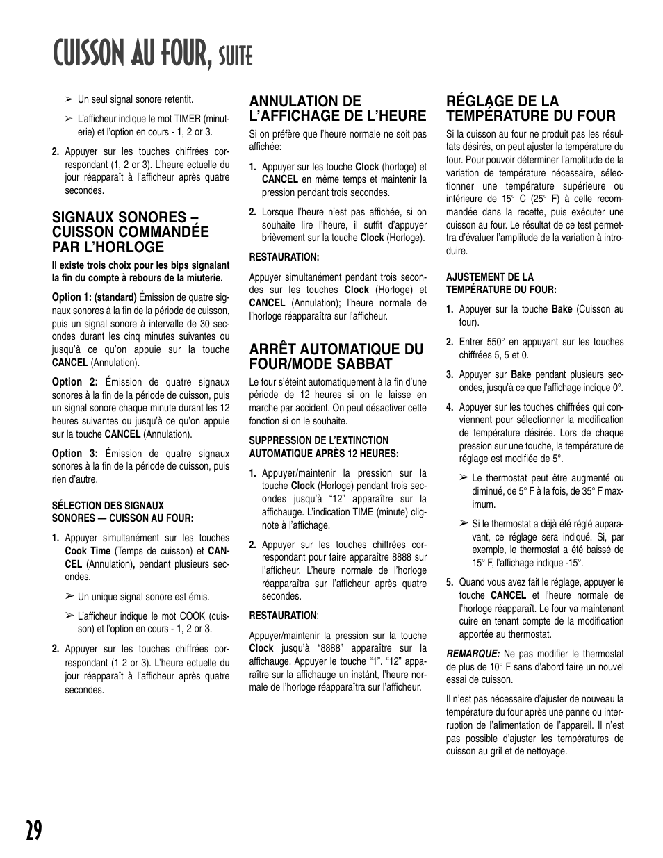 Cuisson au four, Suite, Signaux sonores – cuisson commandée par l’horloge | Annulation de l’affichage de l’heure, Arrêt automatique du four/mode sabbat, Réglage de la température du four | Maytag T2 User Manual | Page 30 / 64