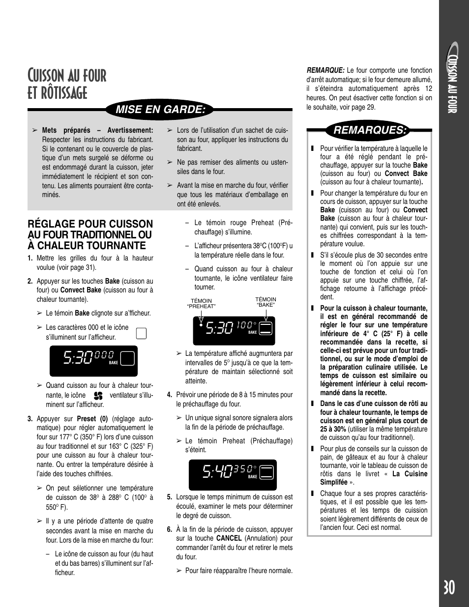 Cuisson au four et rôtissage, Mise en garde, Remarques | Maytag T2 User Manual | Page 31 / 64