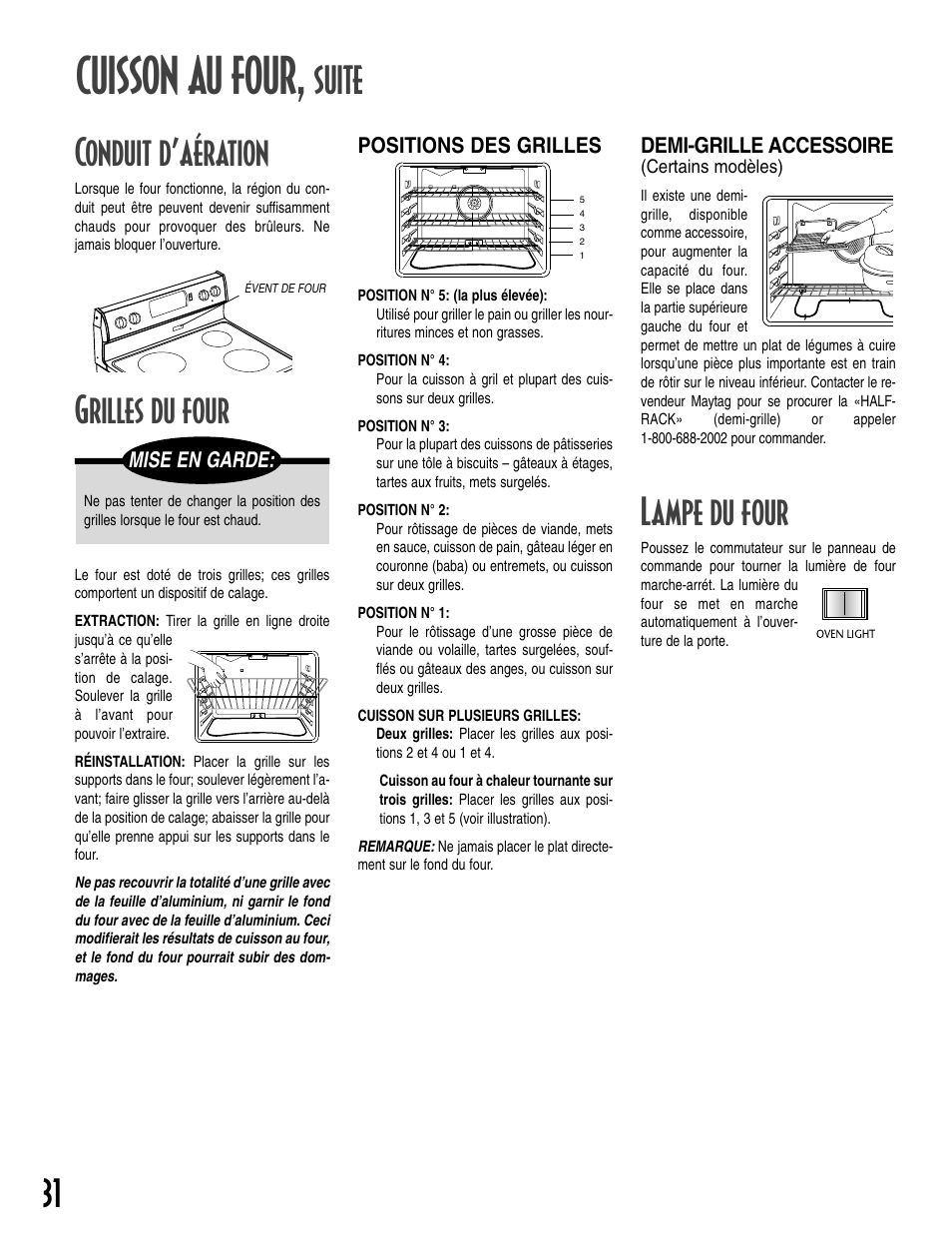 Cuisson au four, 31 conduit d’aération, Lampe du four | Grilles du four, Suite | Maytag T2 User Manual | Page 32 / 64