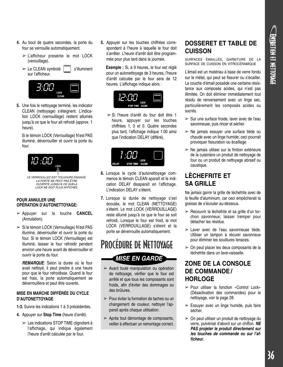 Procédure de nettoyage, Dosseret et table de cuisson, Lèchefrite et sa grille | Zone de la console de commande / horloge, Mise en garde | Maytag T2 User Manual | Page 37 / 64