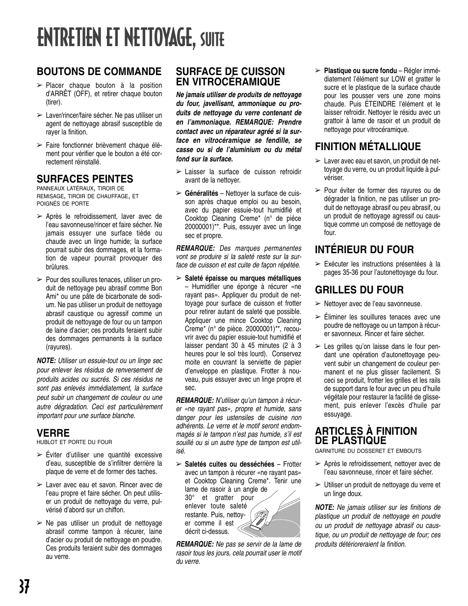Entretien et nettoyage, Suite, Boutons de commande | Surfaces peintes, Verre, Surface de cuisson en vitrocéramique, Finition métallique, Intérieur du four, Grilles du four, Articles à finition de plastique | Maytag T2 User Manual | Page 38 / 64