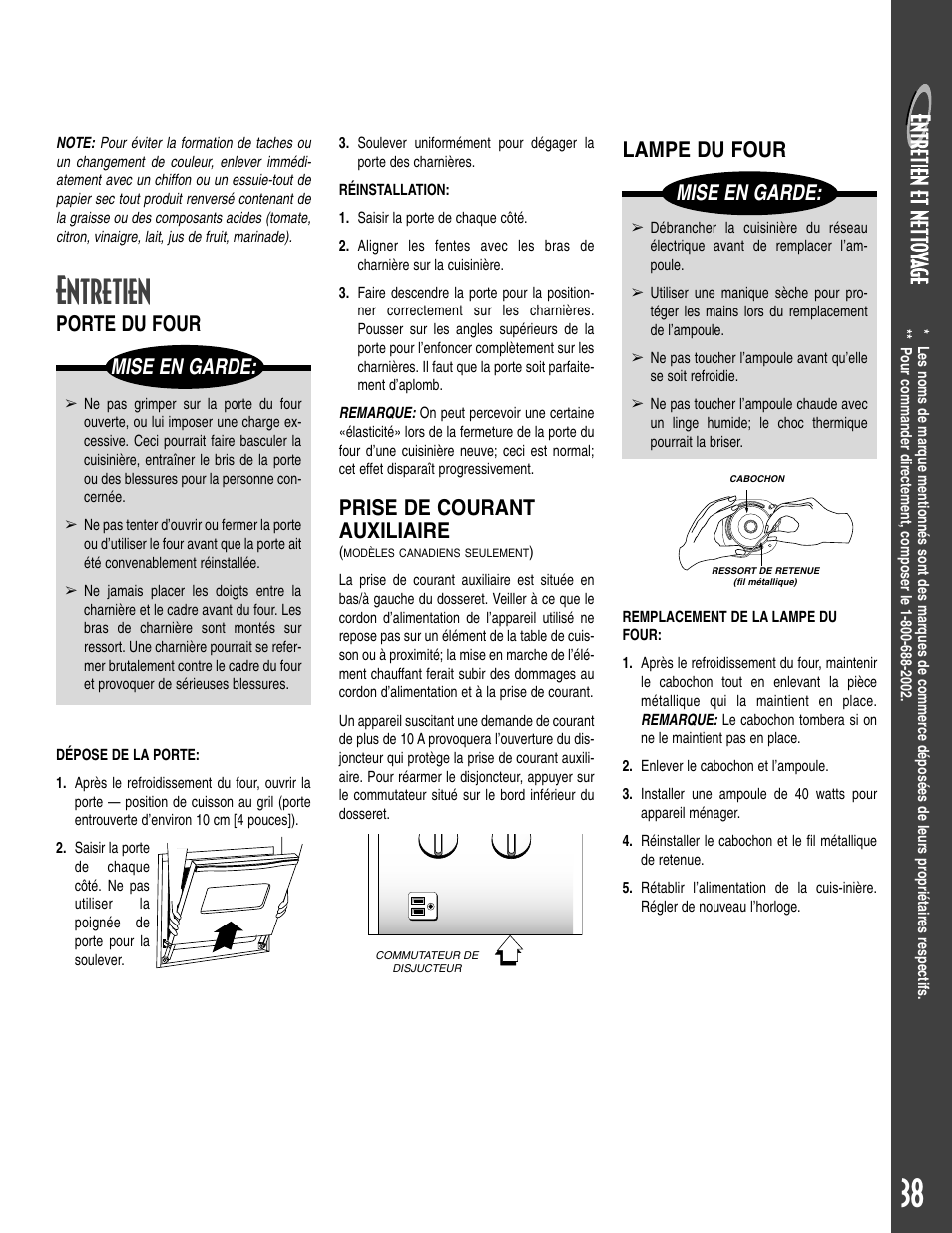 Entretien, Mise en garde, Prise de courant auxiliaire | Porte du four lampe du four | Maytag T2 User Manual | Page 39 / 64