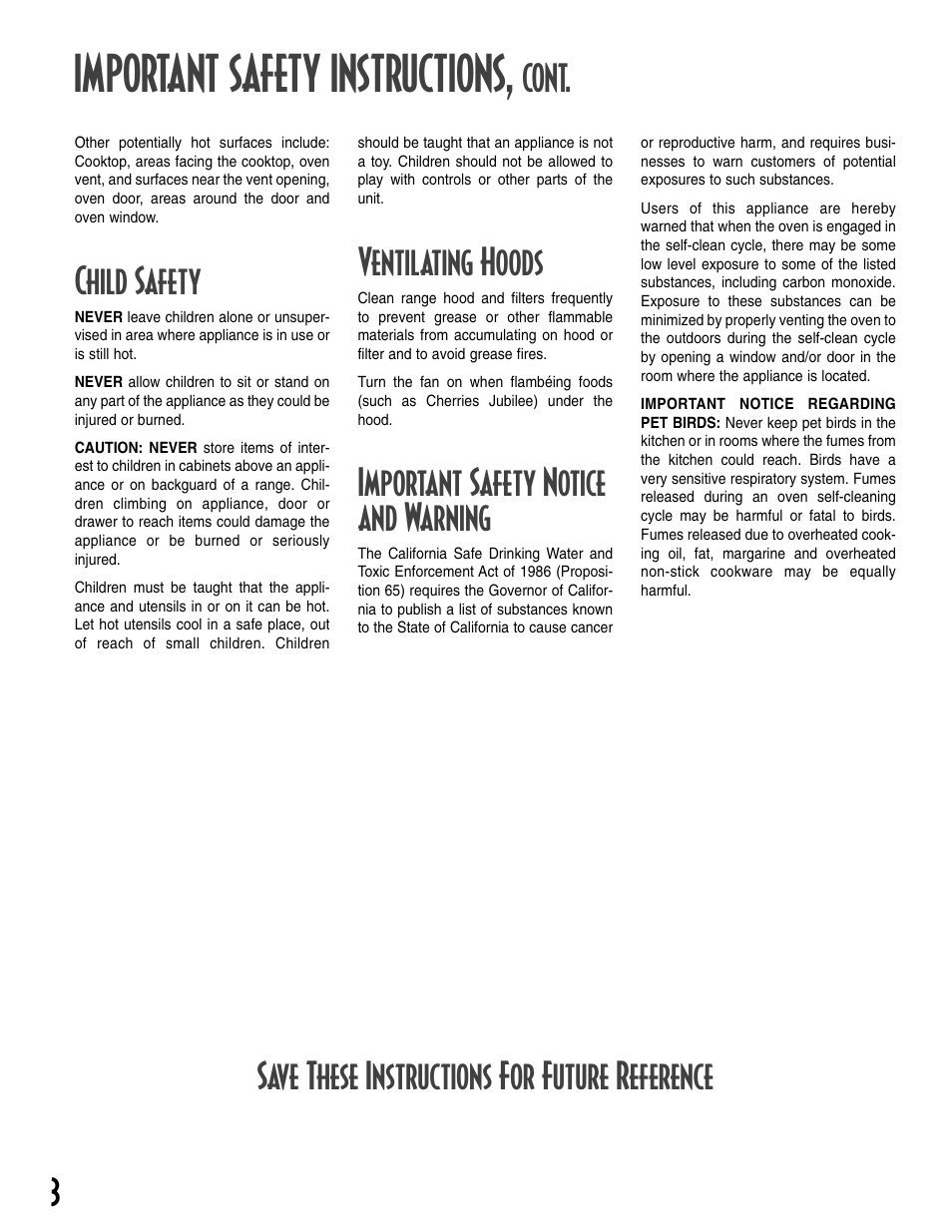 Important safety instructions, Child safety, Cont | Ventilating hoods, Important safety notice and warning, Save these instructions for future reference | Maytag T2 User Manual | Page 4 / 64