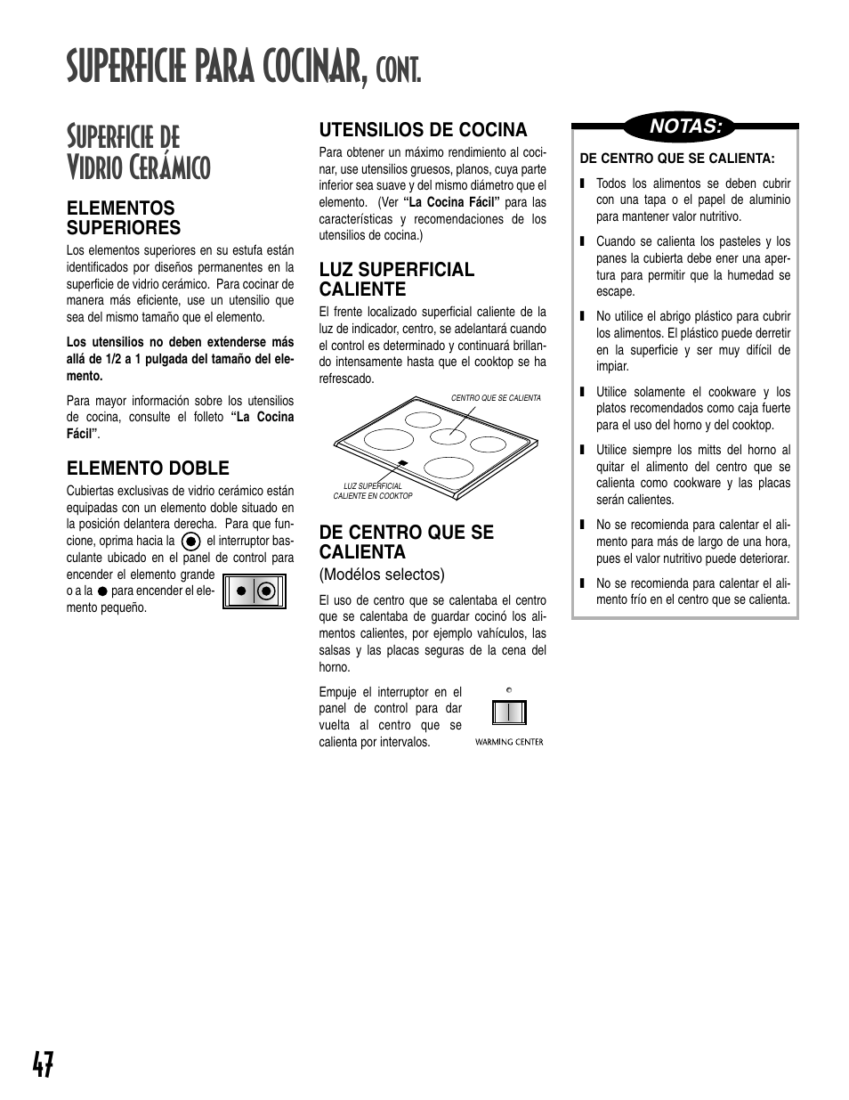 Superficie para cocinar, 47 superficie de vidrio cerámico, Cont | Maytag T2 User Manual | Page 48 / 64
