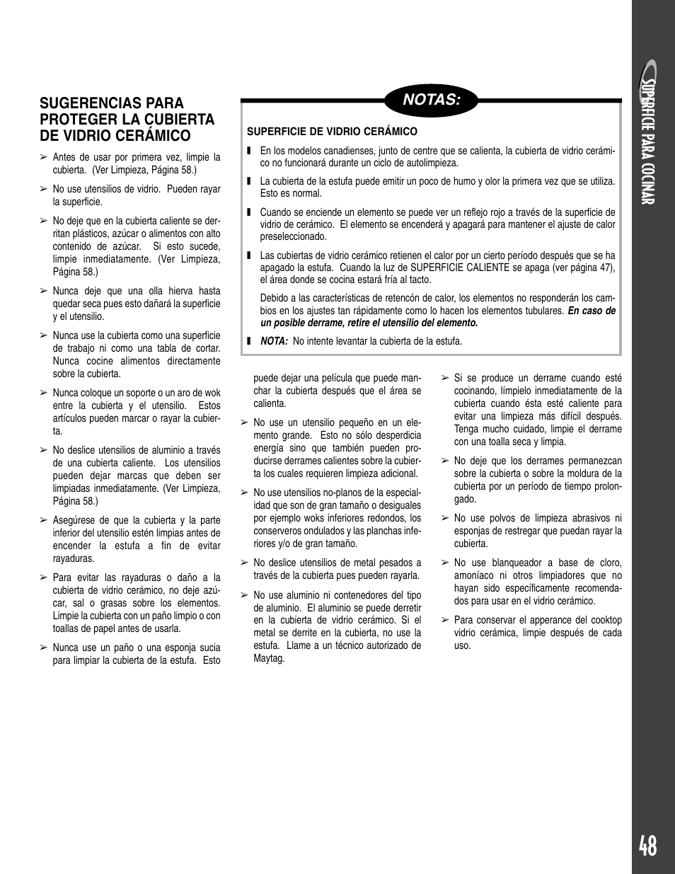 Su per ficie para c o cinar, Notas | Maytag T2 User Manual | Page 49 / 64