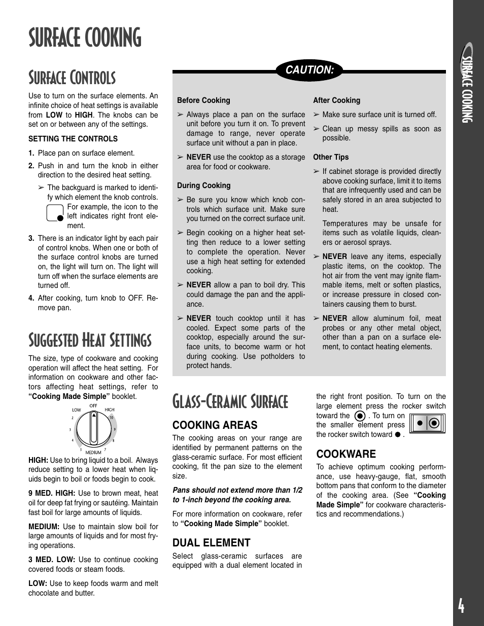 Surface cooking, Surface controls, Suggested heat settings | Glass-ceramic surface, Caution, Cooking areas, Dual element, Cookware | Maytag T2 User Manual | Page 5 / 64