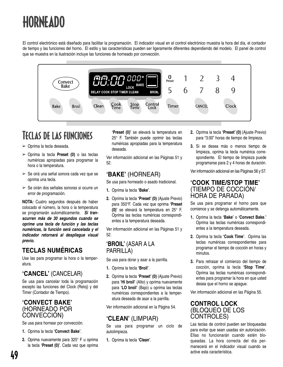 Horneado, Teclas de las funciones, Teclas numéricas | Cancel’ (cancelar), Convect bake’ (horneado por convección), Bake’ (hornear), Broil’ (asar a la parrilla), Clean’ (limpiar), Control lock (bloqueo de los controles) | Maytag T2 User Manual | Page 50 / 64