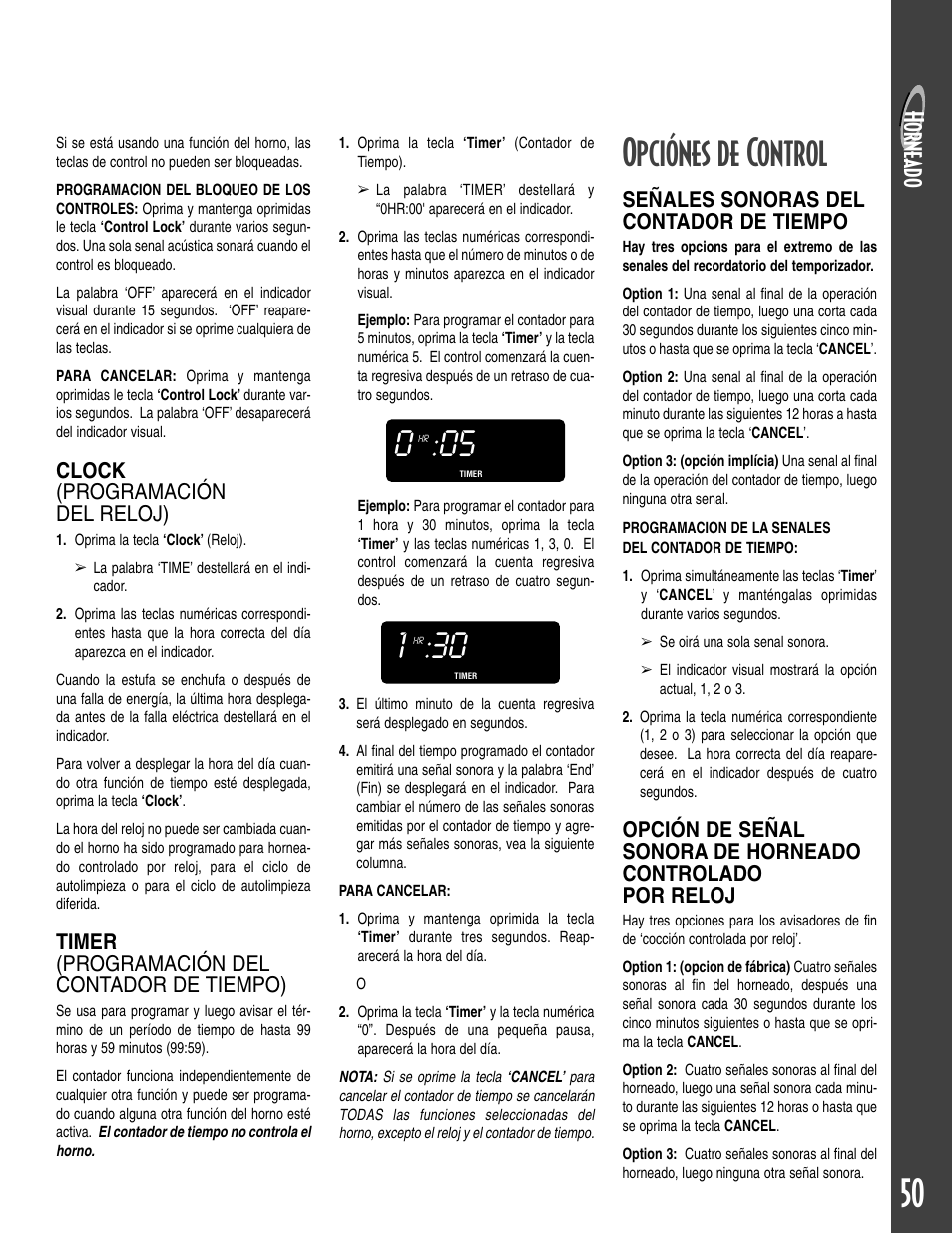 Opciónes de control, Horne ad o, Clock (programación del reloj) | Timer (programación del contador de tiempo), Señales sonoras del contador de tiempo | Maytag T2 User Manual | Page 51 / 64