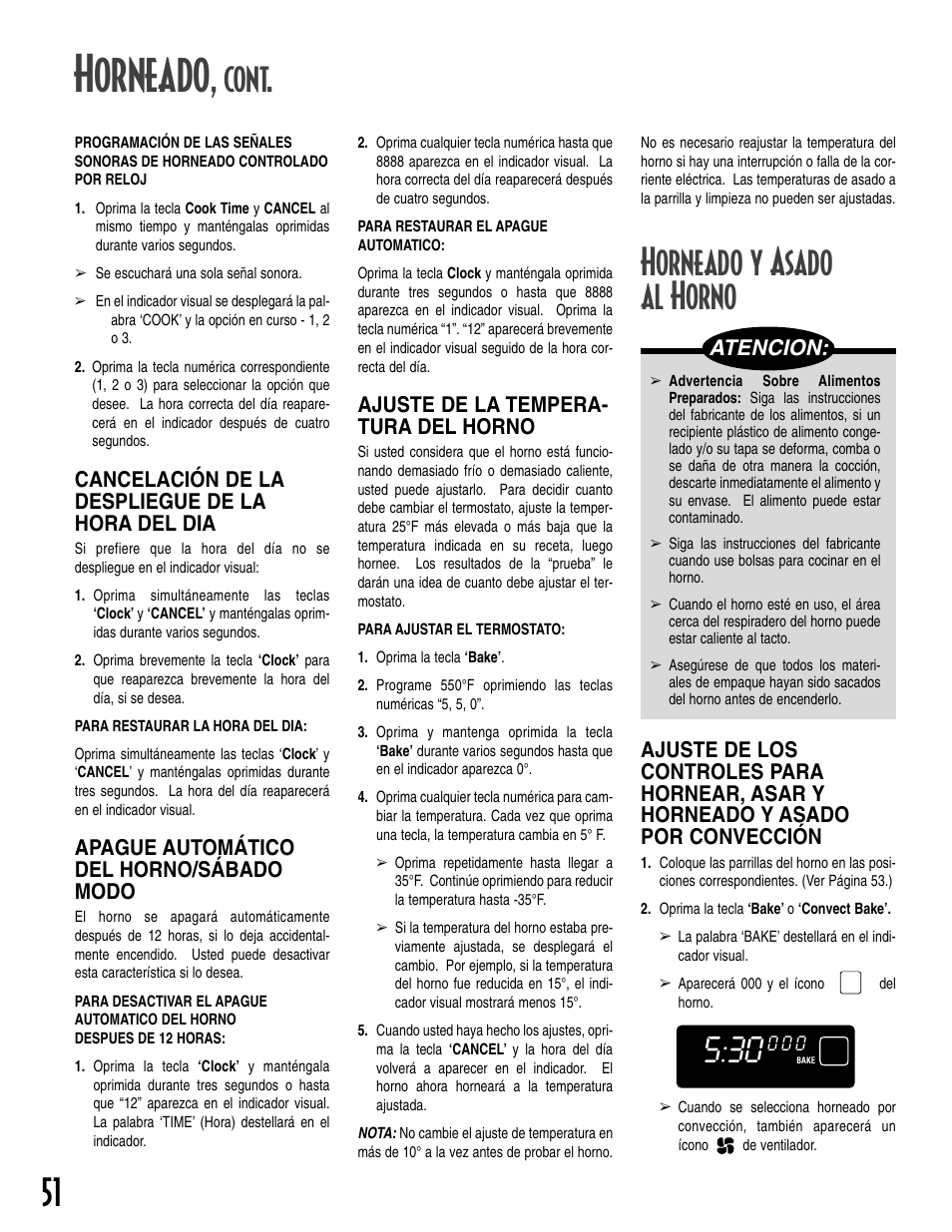 Horneado, Cont, Horneado y asado al horno | Cancelación de la despliegue de la hora del dia, Apague automático del horno/sábado modo, Ajuste de la tempera- tura del horno, Atencion | Maytag T2 User Manual | Page 52 / 64
