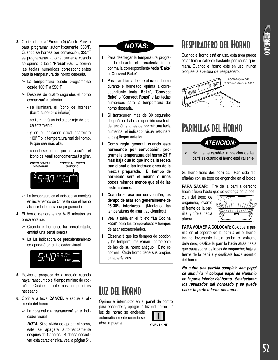 Respiradero del horno, Luz del horno, Parrillas del horno | Horne ad o, Notas, Atencion | Maytag T2 User Manual | Page 53 / 64