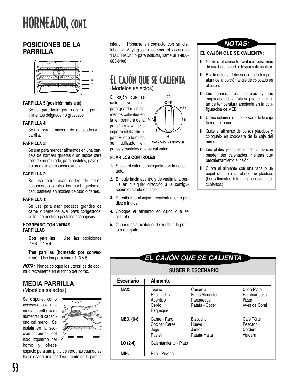 Horneado, Cont. el cajón que se calienta, Media parrilla | El cajón que se calienta notas, Posiciones de la parrilla | Maytag T2 User Manual | Page 54 / 64