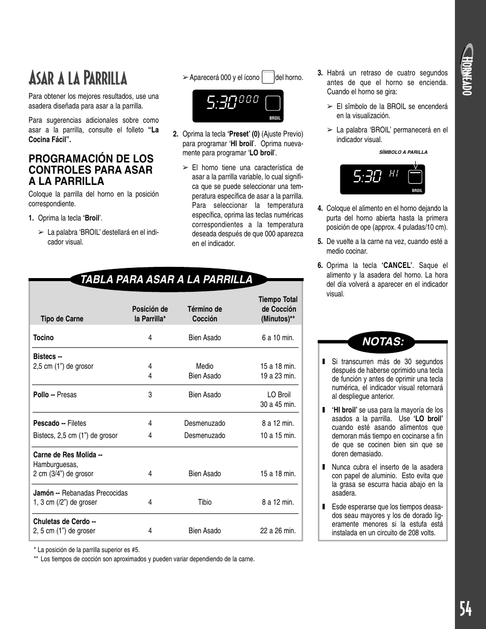 Asar a la parrilla, Horne ad o, Tabla para asar a la parrilla | Notas | Maytag T2 User Manual | Page 55 / 64