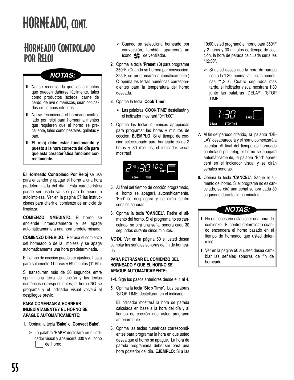 Horneado, Cont. horneado controlado por reloj, Notas | Maytag T2 User Manual | Page 56 / 64