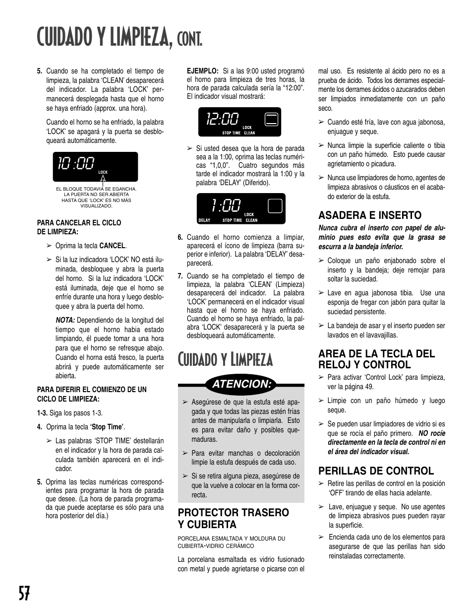 Cuidado y limpieza, Cont, Atencion | Protector trasero y cubierta, Asadera e inserto, Area de la tecla del reloj y control, Perillas de control | Maytag T2 User Manual | Page 58 / 64