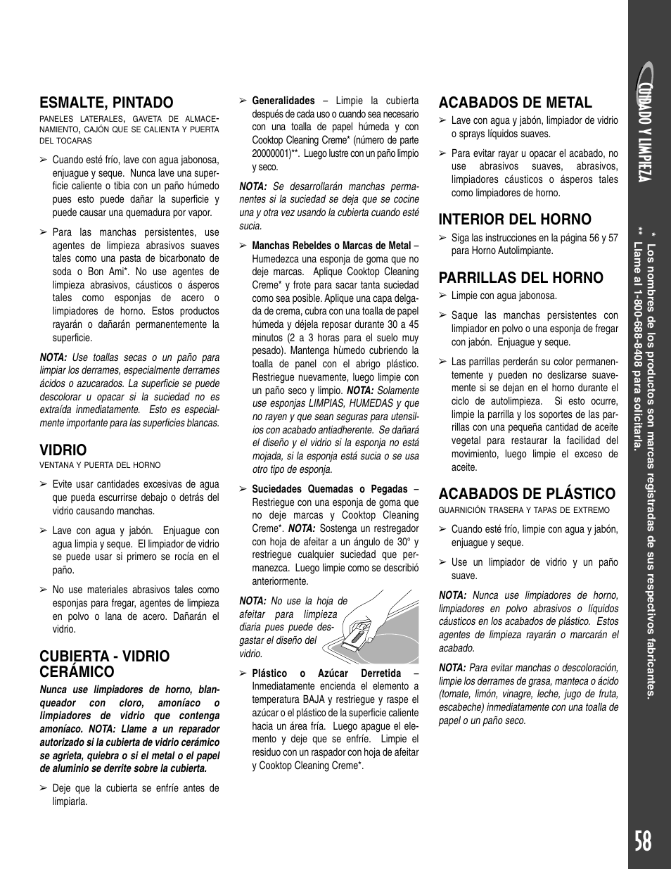 Cuid a do y l im pi eza, Esmalte, pintado, Vidrio | Cubierta - vidrio cerámico, Acabados de metal, Interior del horno, Parrillas del horno, Acabados de plástico | Maytag T2 User Manual | Page 59 / 64