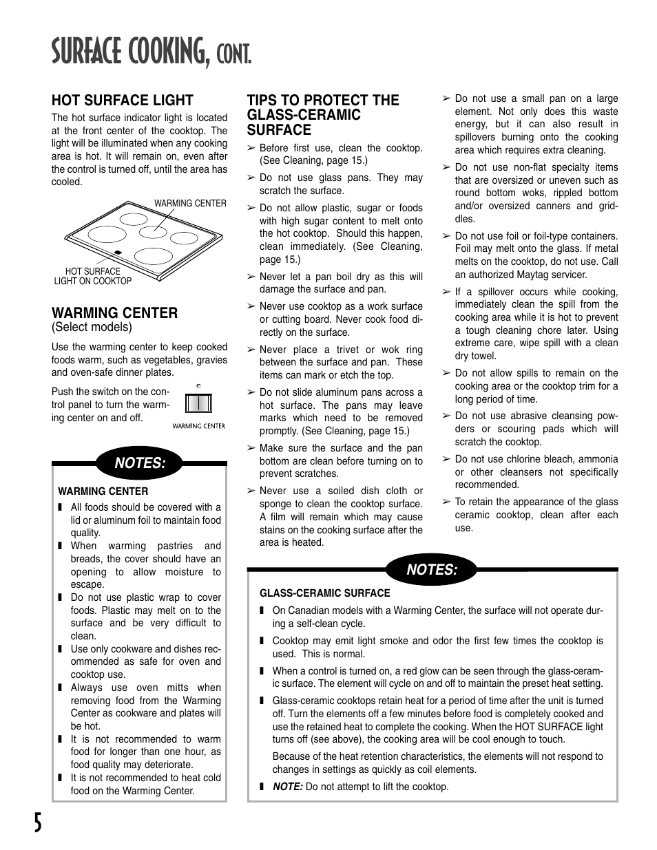 Surface cooking, Cont, Hot surface light | Warming center | Maytag T2 User Manual | Page 6 / 64