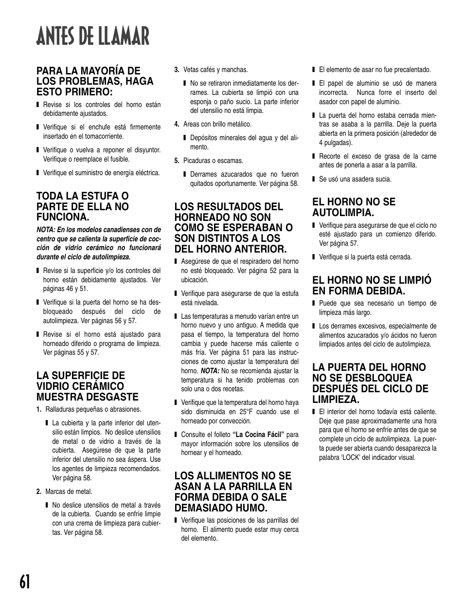 Antes de llamar, Toda la estufa o parte de ella no funciona, La superficie de vidrio cerámico muestra desgaste | El horno no se autolimpia, El horno no se limpió en forma debida | Maytag T2 User Manual | Page 62 / 64