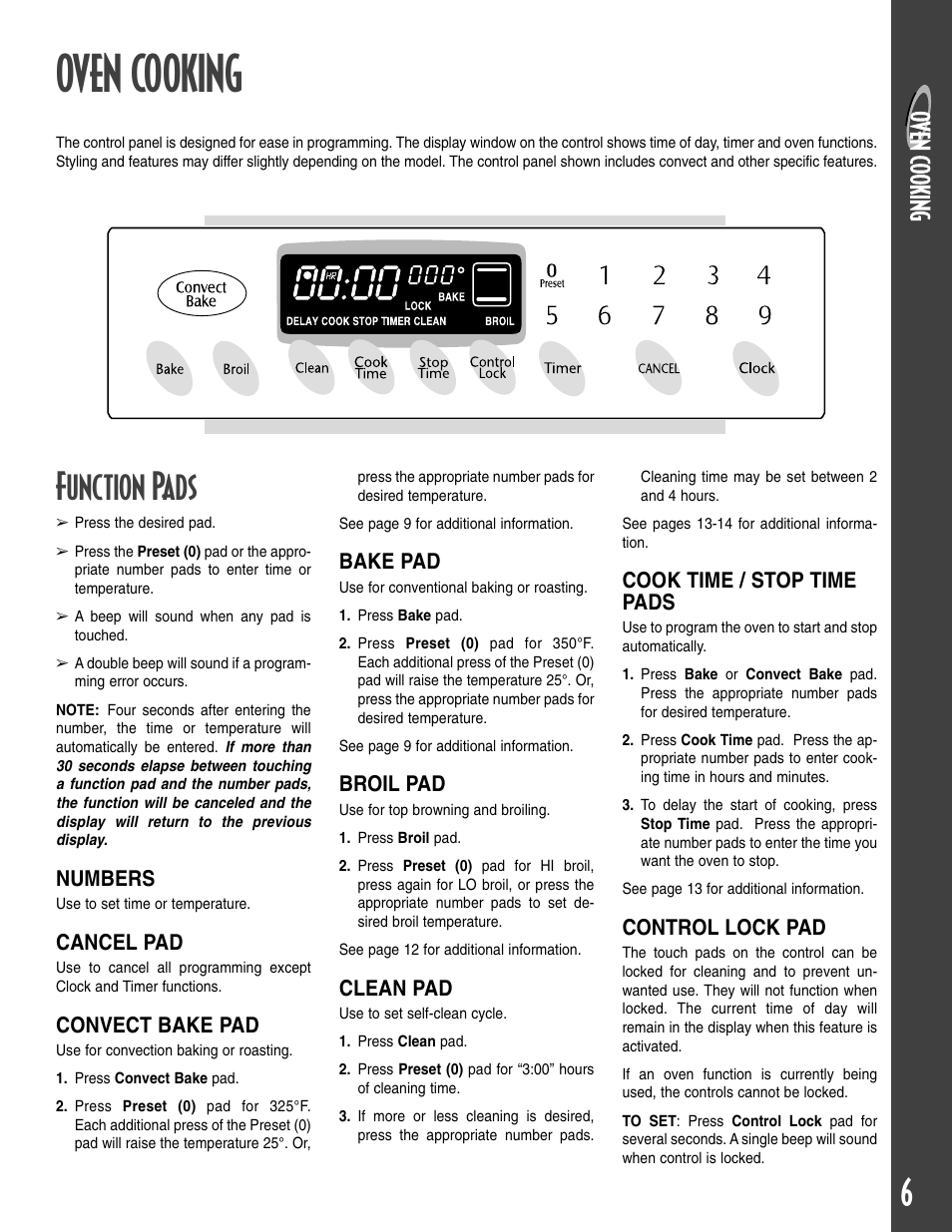 Oven cooking, Function pads, Numbers | Cancel pad, Convect bake pad, Bake pad, Broil pad, Clean pad, Cook time / stop time pads, Control lock pad | Maytag T2 User Manual | Page 7 / 64