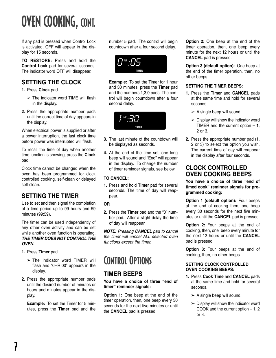 Oven cooking, Control options, Cont | Setting the clock, Setting the timer, Timer beeps, Clock controlled oven cooking beeps | Maytag T2 User Manual | Page 8 / 64