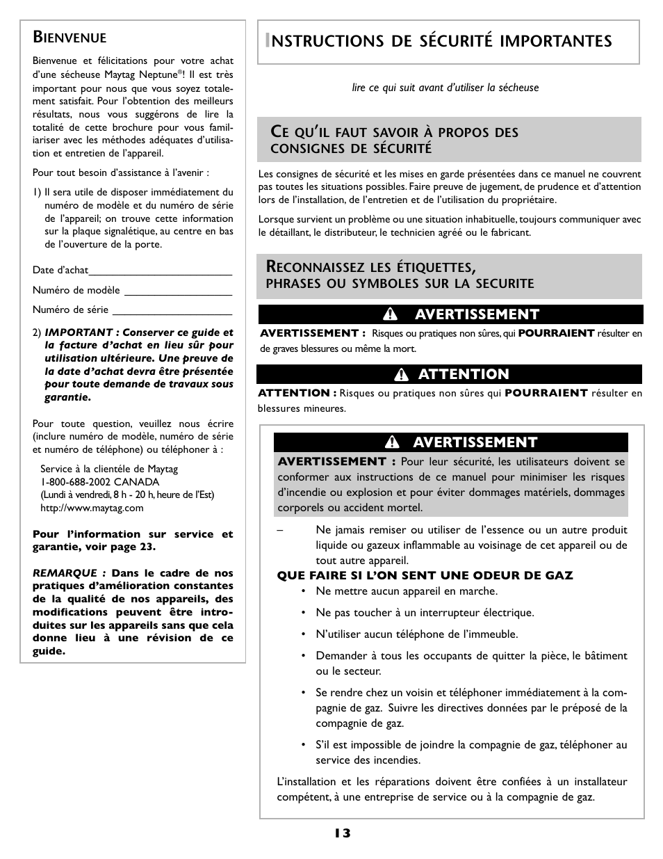 Nstructions de sécurité importantes, Avertissement, Attention | Maytag MD 55 User Manual | Page 14 / 36