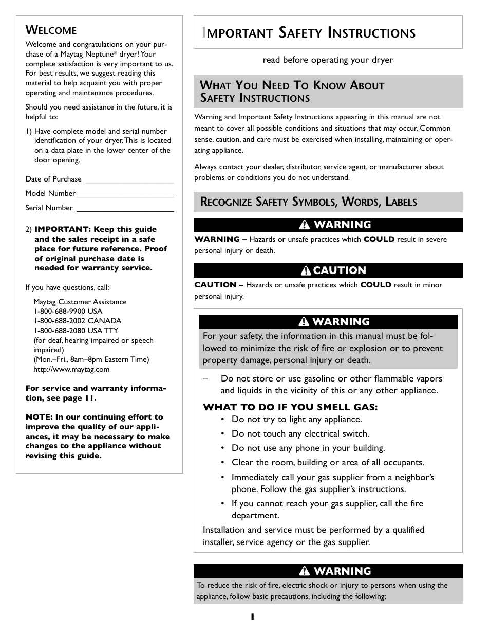 Mportant, Afety, Nstructions | Maytag MD 55 User Manual | Page 2 / 36