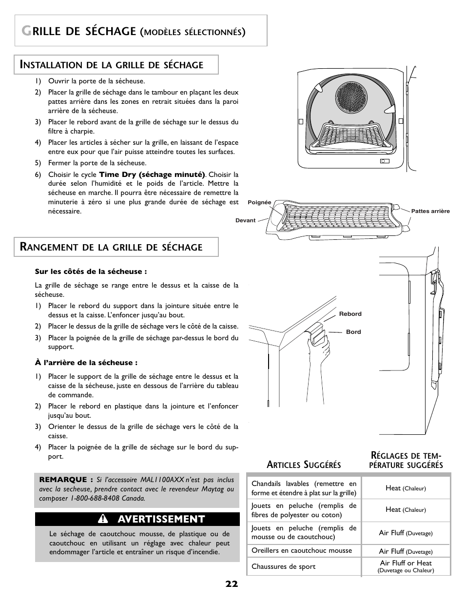 Rille de séchage, Avertissement | Maytag MD 55 User Manual | Page 23 / 36