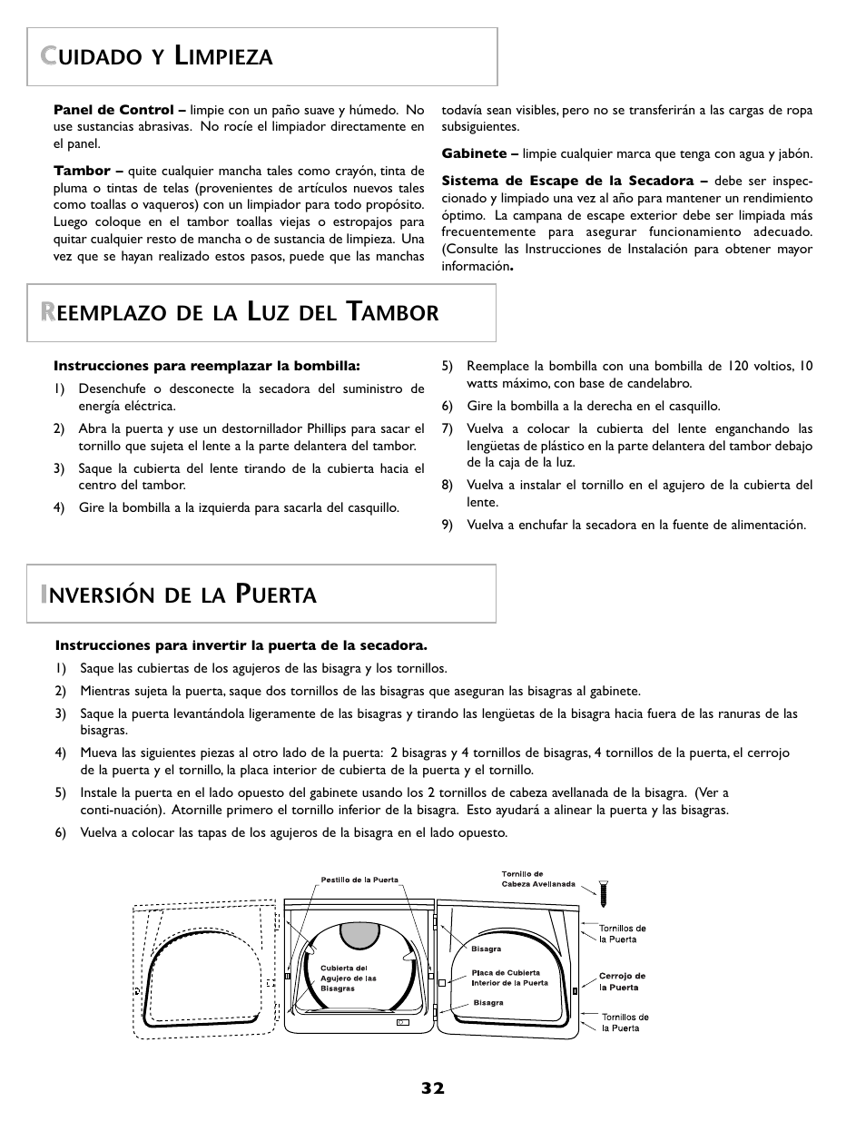 Uidado y, Impieza, Eemplazo de la | Uz del, Ambor, Nversión de la, Uerta | Maytag MD 55 User Manual | Page 33 / 36