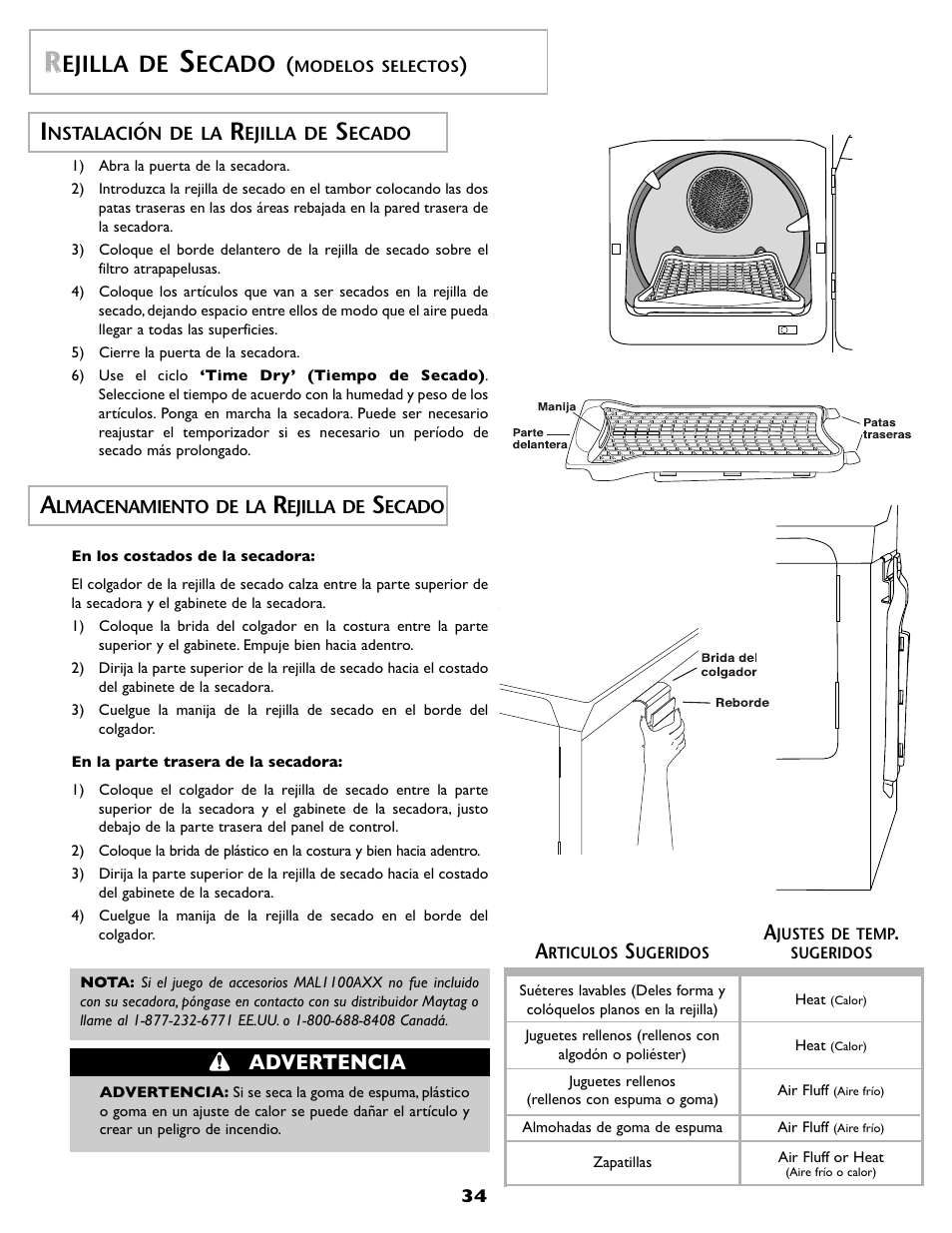 Ejilla de, Ecado, Advertencia | Maytag MD 55 User Manual | Page 35 / 36