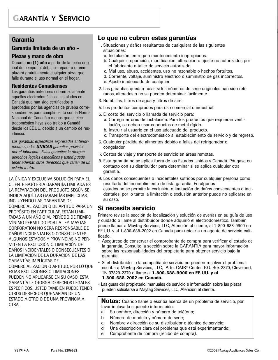 Arantía y, Ervicio, Lo que no cubren estas garantías | Si necesita servicio, Garantía, Notas | Maytag MD 55 User Manual | Page 36 / 36