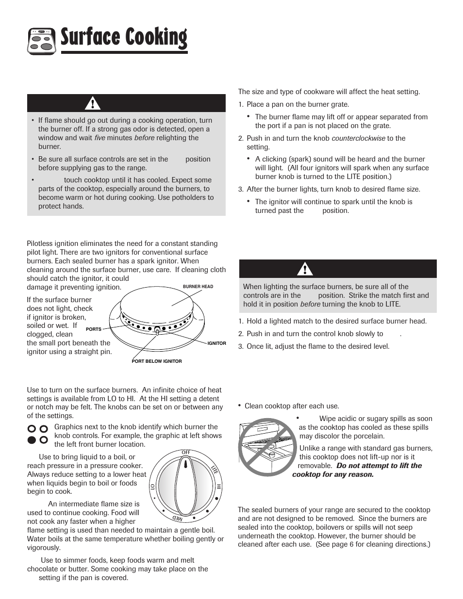 Surface cooking, Surface controls, Surface control knobs | Operating during a power failure, Pilotless ignition, Cooktop, Sealed burners, Caution | Maytag 8113P645-60 User Manual | Page 11 / 68
