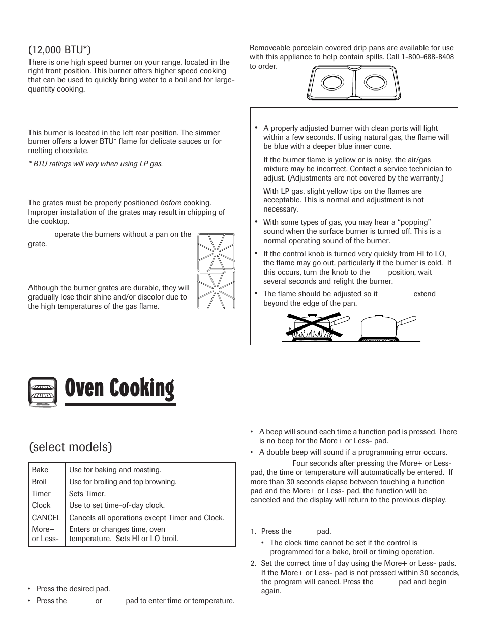Oven cooking, High performance burner, Simmer burner | Burner grates, Drip pans - optional, Manual clean oven control, Using the touchpads, Select models) | Maytag 8113P645-60 User Manual | Page 12 / 68