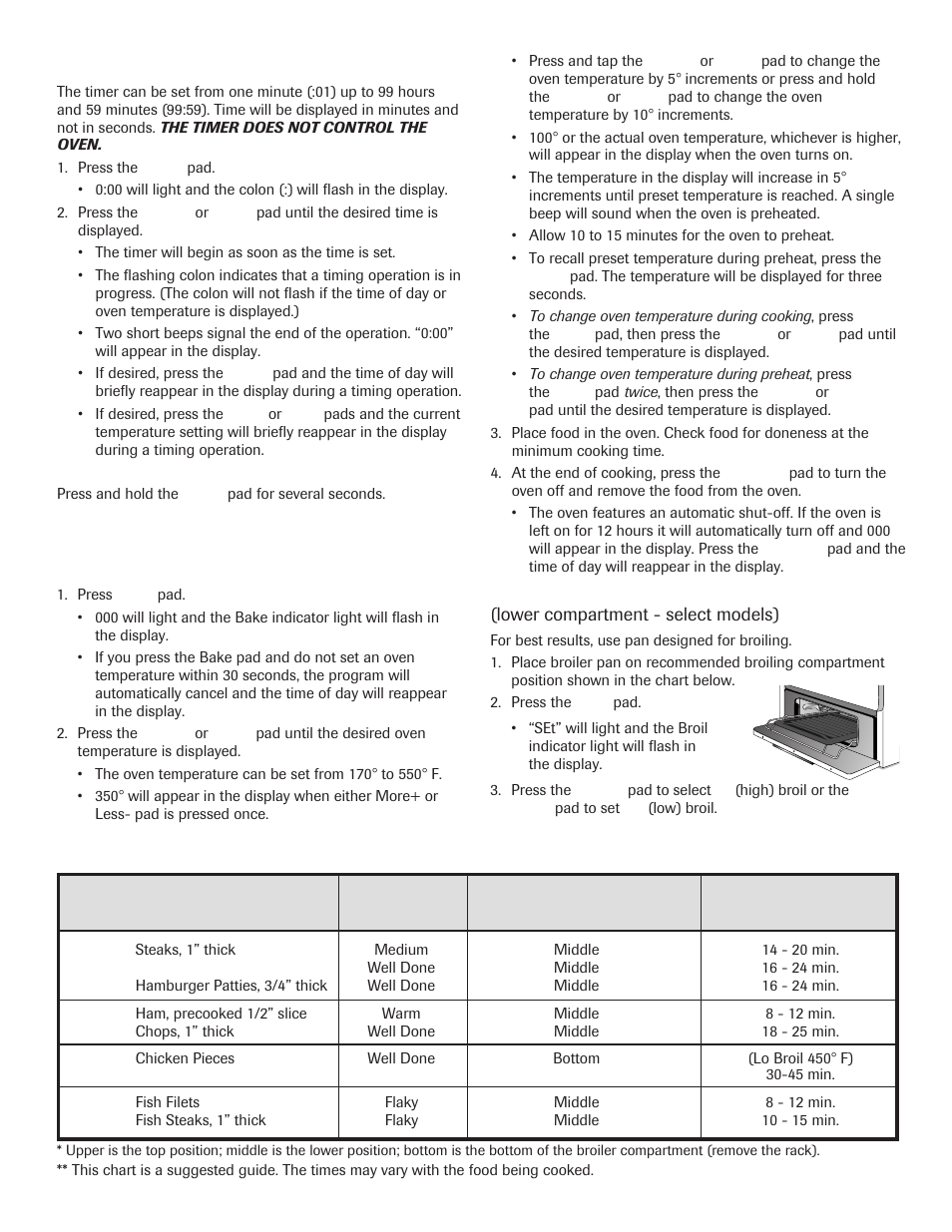 Baking, roasting and broiling, Broiling chart - lower compartment, Setting the timer | Maytag 8113P645-60 User Manual | Page 13 / 68