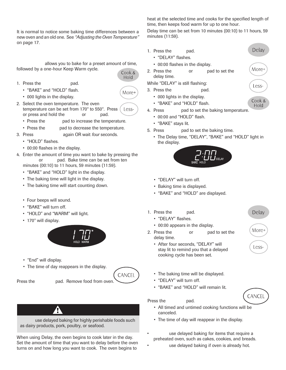Delay bake, Cook & hold, Baking differences between your old and new ovens | Caution | Maytag 8113P645-60 User Manual | Page 16 / 68