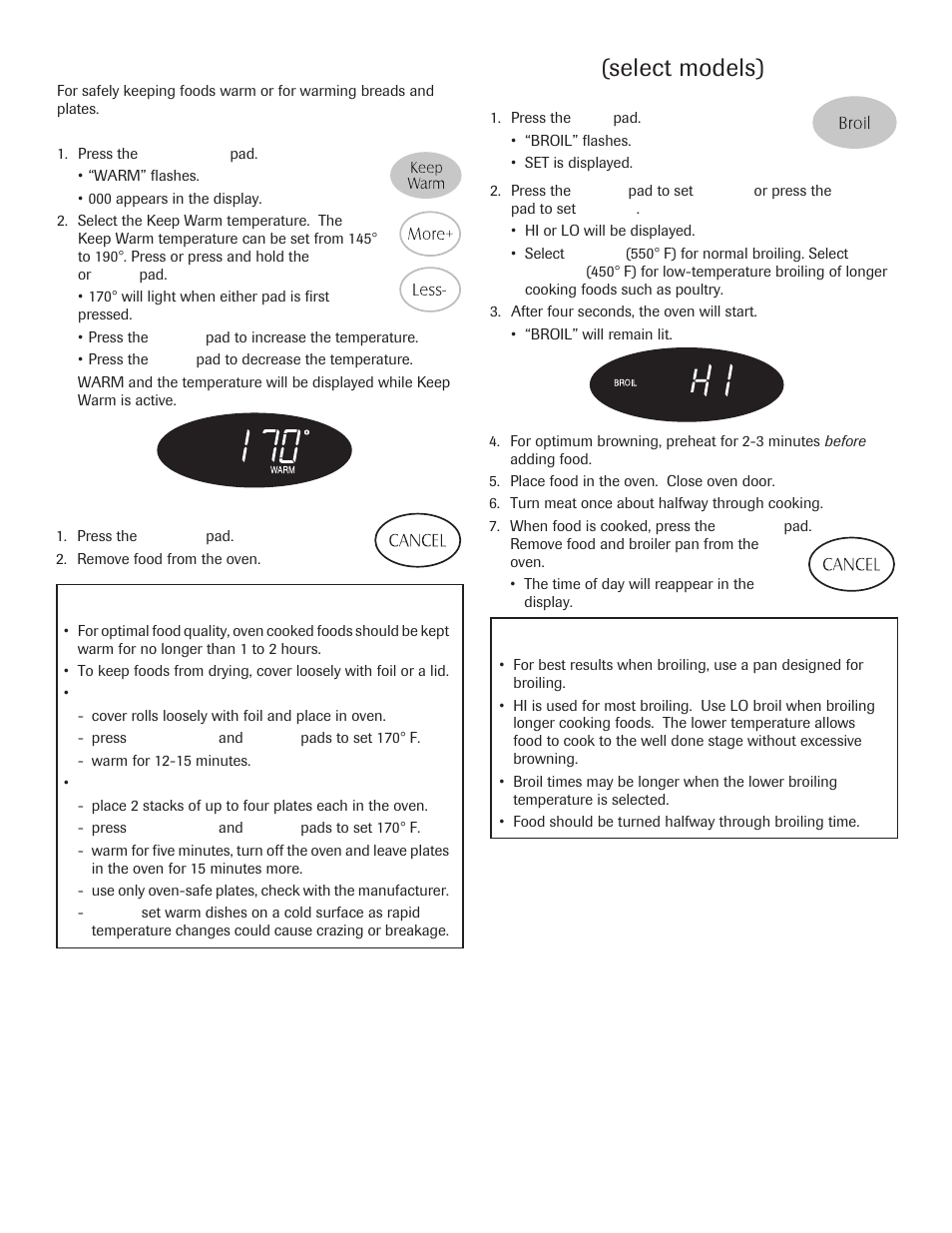 Keep warm, Broiling, Select models) | Maytag 8113P645-60 User Manual | Page 17 / 68