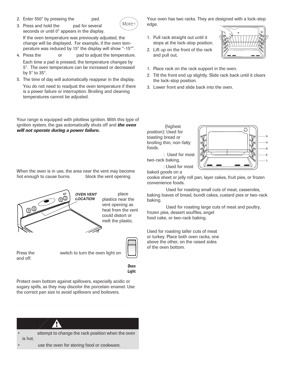 Oven vent, Oven light, Oven bottom | Oven racks, Rack positions, Pilotless ignition, Caution | Maytag 8113P645-60 User Manual | Page 19 / 68