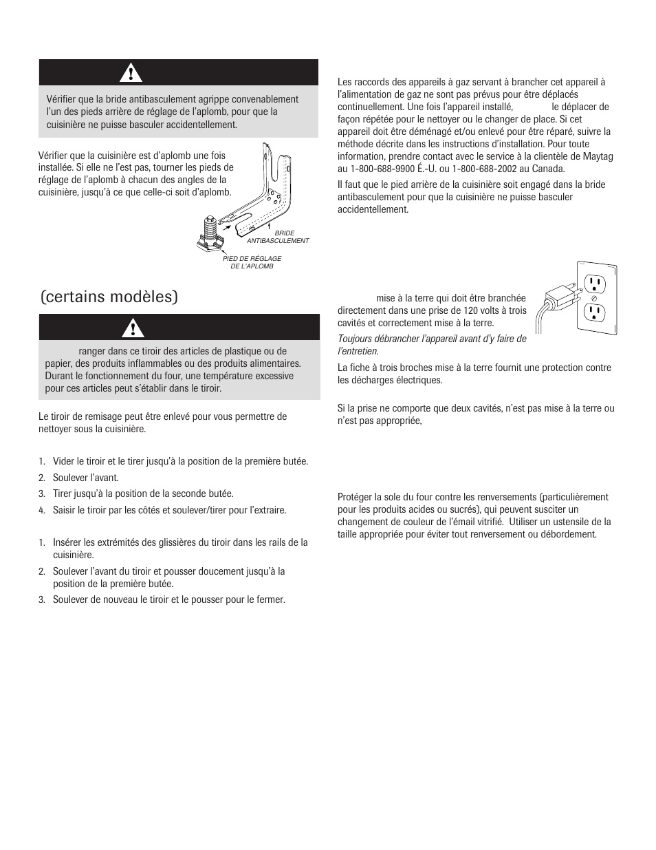 Pieds de réglage de l’aplomb, Tiroir de remisage, Déplacement d’un appareil à gaz | Raccordement électrique, Sole du four, Certains modèles), Attention | Maytag 8113P645-60 User Manual | Page 30 / 68