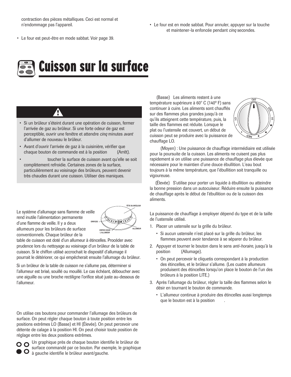 Cuisson sur la surface, Commandes de la surface de cuisson, Boutons de commande de la surface de cuisson | Allumage sans flamme de veille, Sugggestions pour le réglage, Attention | Maytag 8113P645-60 User Manual | Page 32 / 68
