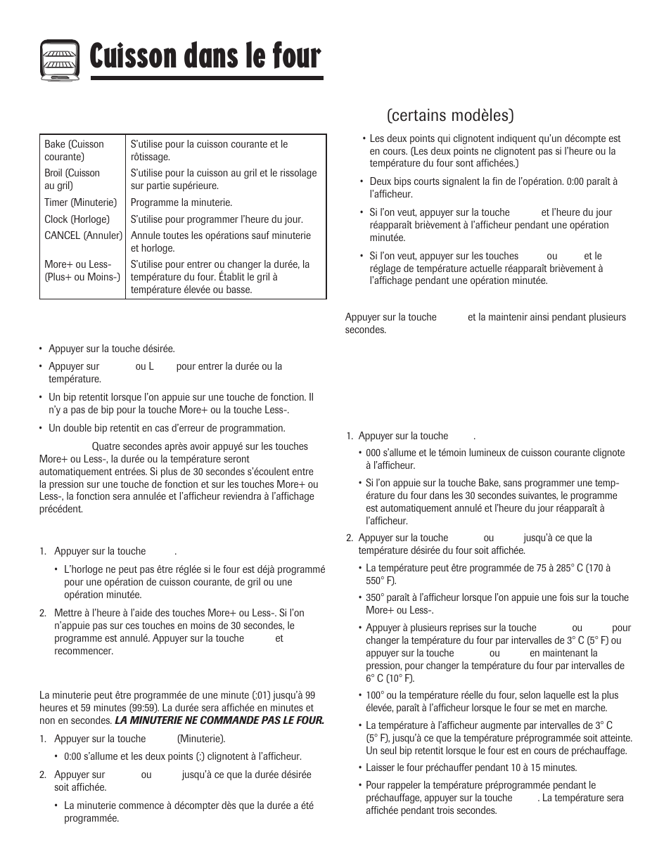Cuisson dans le four, Commandes du four à nettoyage manuel, Utilisation des touches | Cuisson courante, rôtissage et cuisson au gril, Certains modèles), Réglage de l’horloge, Programmation de la minuterie | Maytag 8113P645-60 User Manual | Page 34 / 68