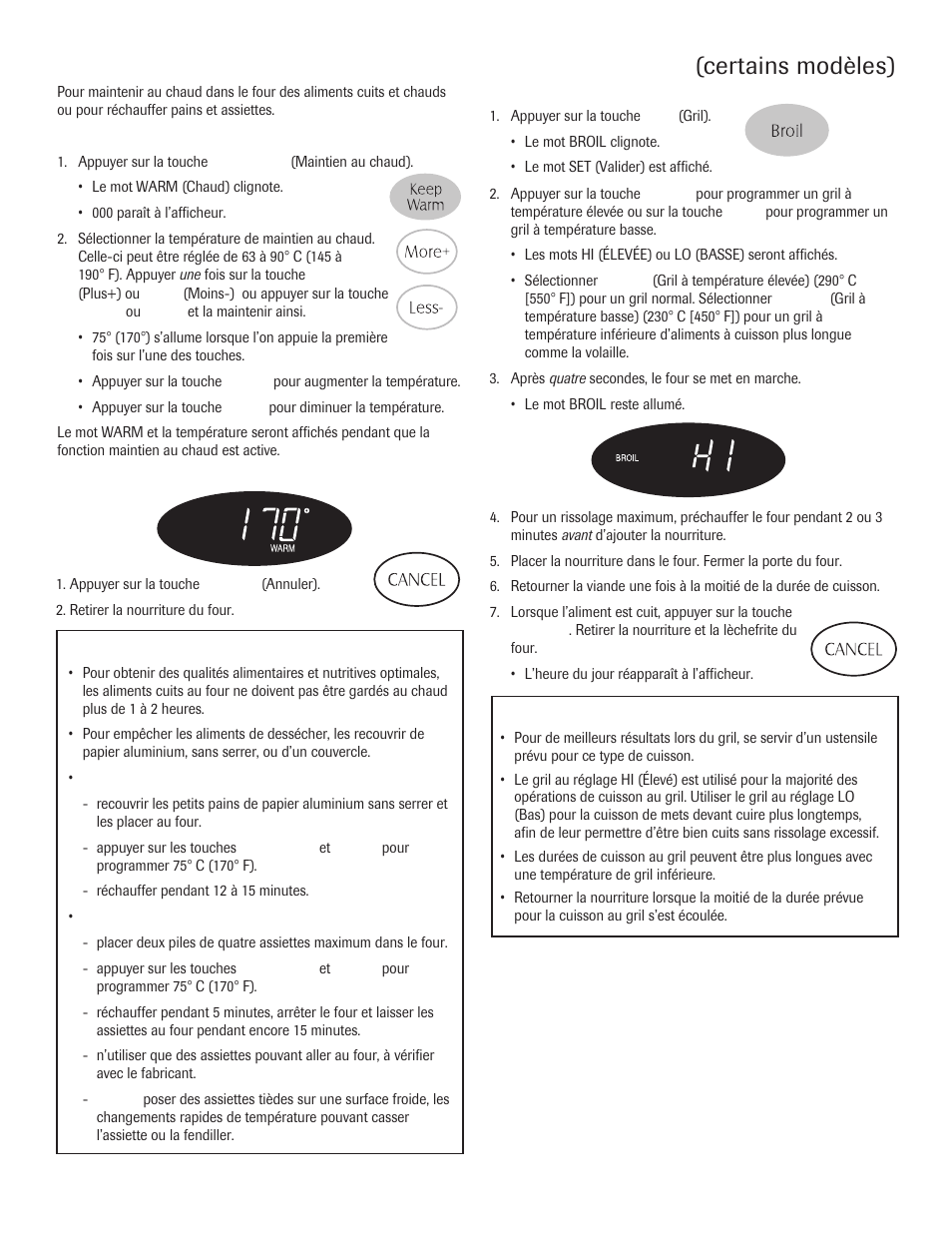 Maintien au chaud, Cuisson au gril, Certains modèles) | Remarques | Maytag 8113P645-60 User Manual | Page 39 / 68