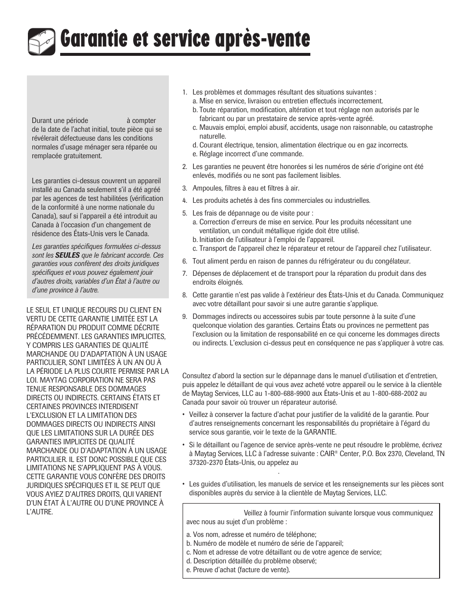 Garantie et service après-vente, Garantie, Ne sont pas couverts par ces garanties | Si vous avez besoin d’aide, Remarques | Maytag 8113P645-60 User Manual | Page 44 / 68