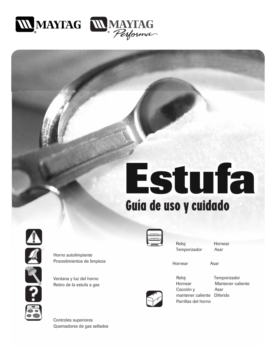 Guía de uso y cuidado, Estufa a gas, Tabla de materias | Maytag 8113P645-60 User Manual | Page 45 / 68